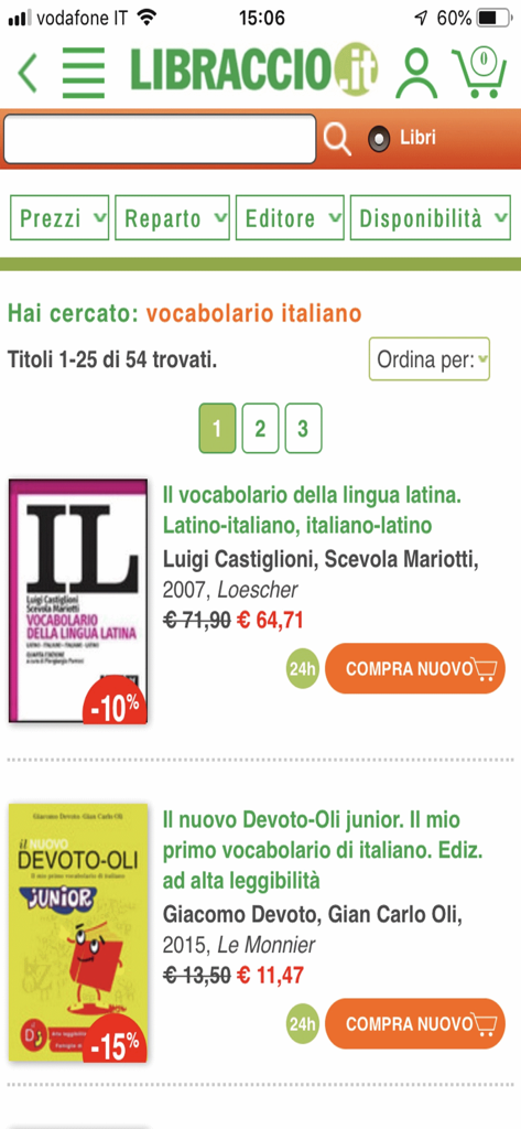 Libraccio - Página de resultados de búsqueda en la aplicación Libraccio mostrando libros y diccionarios con descuento con filtros de precio.