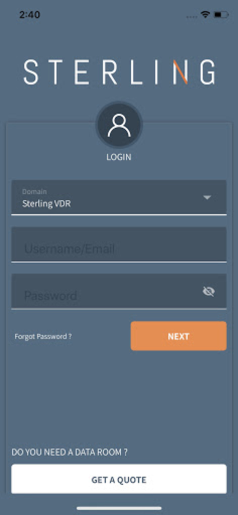 Pantalla de inicio de sesión de la aplicación móvil Sterling VDR con campos para nombre de usuario y contraseña