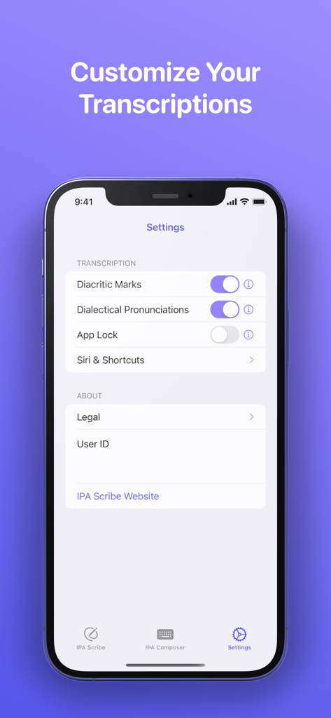 IPA Scribe: IPA Transcriptions - Settings menu in the IPA Scribe app showing options to customize transcriptions including diacritic marks and dialectical pronunciations.