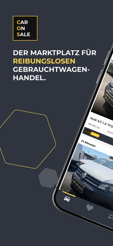 CarOnSale - Aplicativo móvel CarOnSale mostrando leilões de carros usados para concessionárias profissionais.