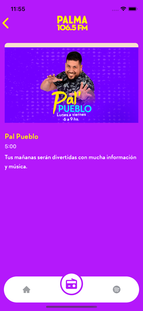 Interfaz de la app Palma FM mostrando el programa de radio Pal Pueblo de la mañana con el presentador y la información del horario