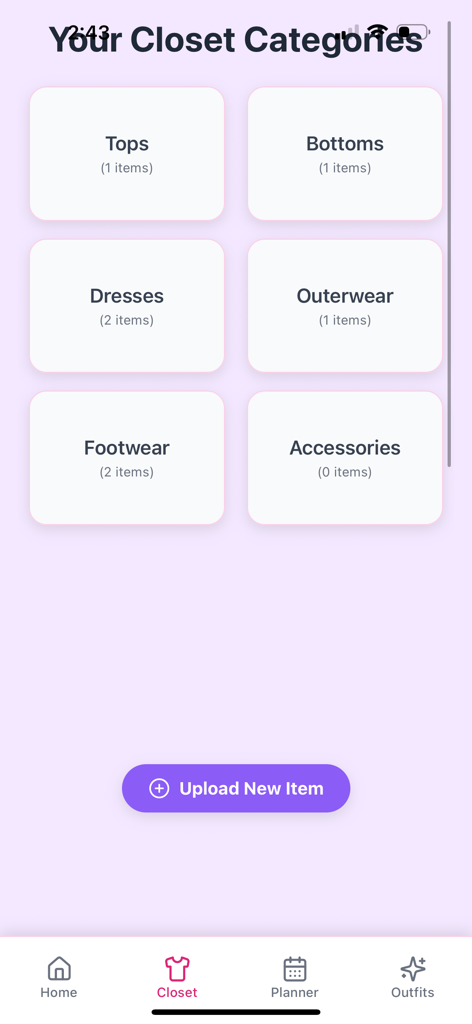 GG Glow Up - GG Glow Up app interface showing closet categories for digital wardrobe organization
