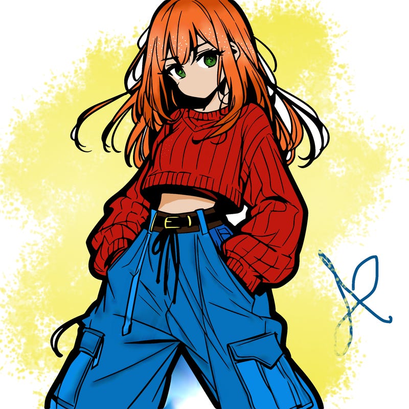anime teen girl with baggy pants and crop top with sweater