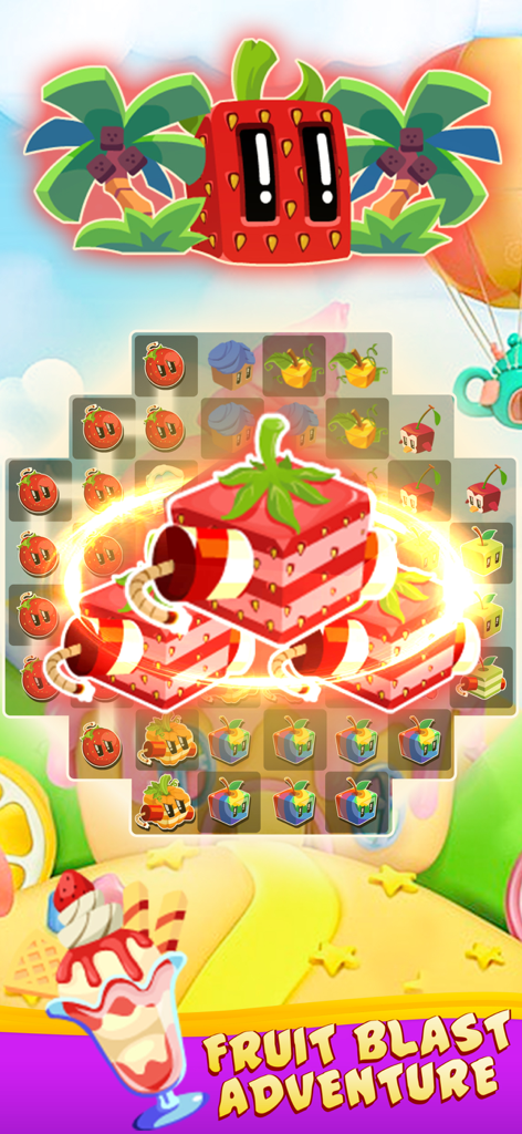 Juice Cubes match 3 game showing a fruit blast adventure gameplay screen