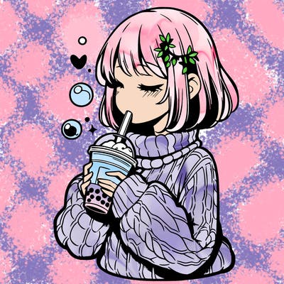 manga girl drinking boba in cozy sweater
