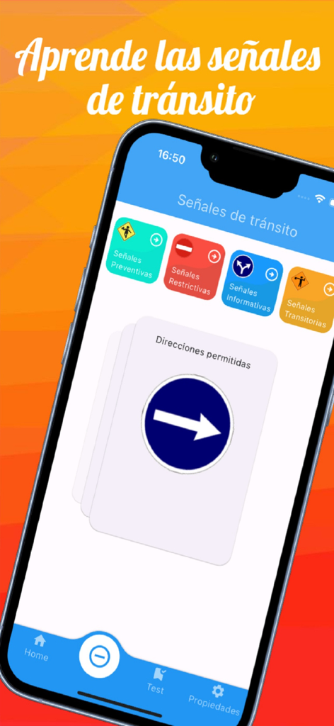 Señales de Transito - Señales de Tránsitoアプリのインターフェース。異なる道路標識カテゴリと運転免許試験準備のための学習カードが表示されています。