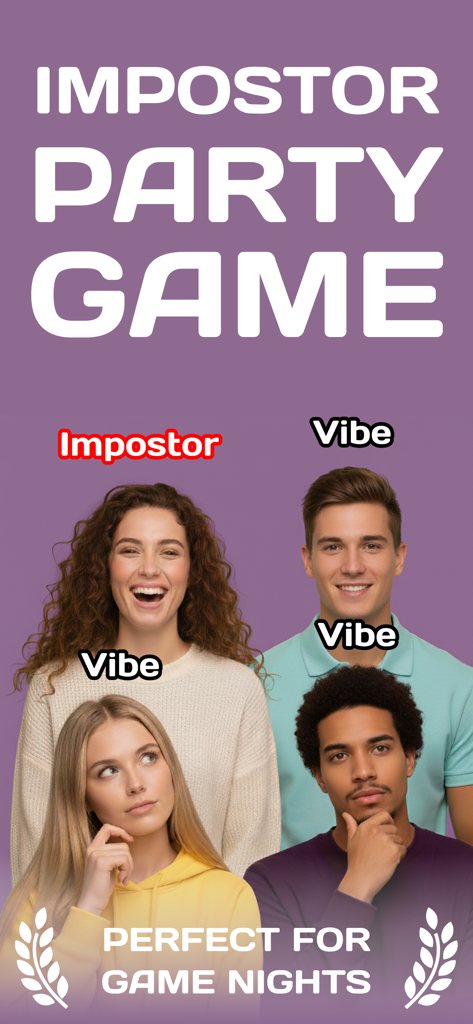 Impostor Party Game promotional image showing friends playing a social deduction game