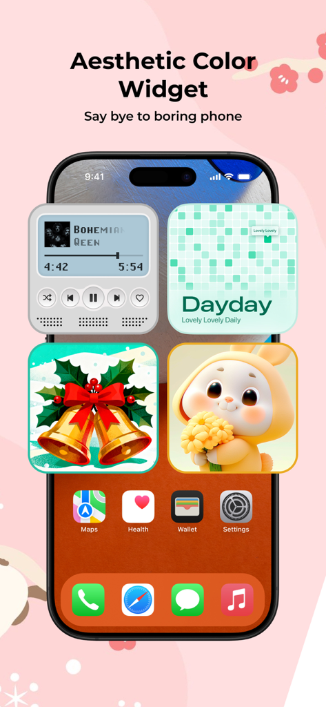 Emoji Battery Widget-BunnyWath - iPhone home screen showcasing various aesthetic widgets including a music player and a cute bunny character