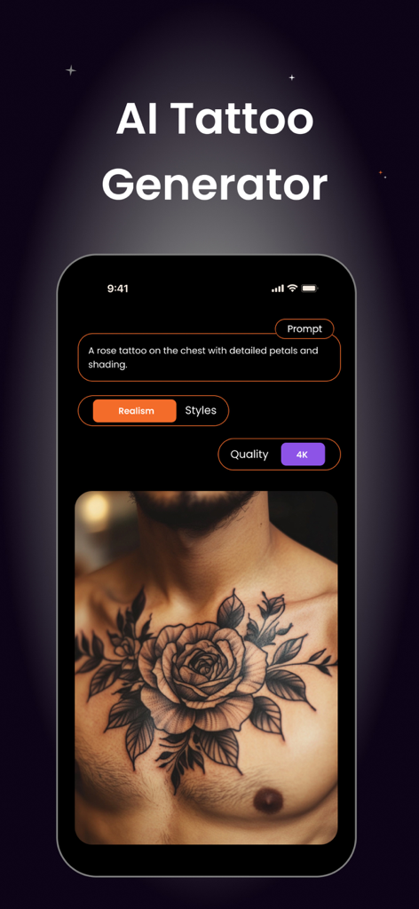 AI Tattoo Generator & Ink AI - Smartphone-Bildschirm, der die Benutzeroberfläche der KI Tattoo Generator App mit einem realistischen Rosen-Tattoo-Design zeigt, das aus einer Textaufforderung generiert wurde