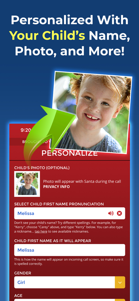 Personalized Call from Santa - Interface showing how to personalize a Santa call with a child name and photo