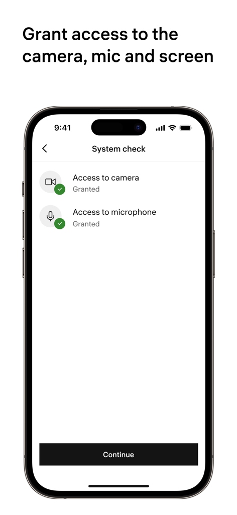 Constructor Proctor - Tela de verificação do sistema do aplicativo Constructor Proctor mostrando permissões concedidas para acesso à câmera e microfone