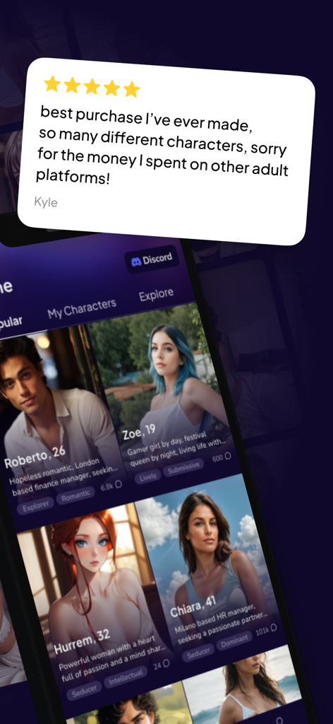 Una reseña de usuario de 5 estrellas para Fling AI mostrada sobre una galería de diversos perfiles de personajes de IA que incluyen nombres, edades y etiquetas de personalidad.