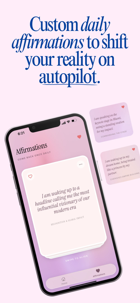 Smartphone screen showing personalized daily manifestation affirmations in the Stella app
