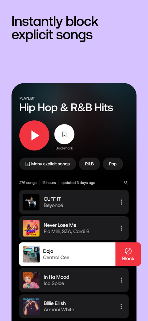 A mobile interface of Soundtrack Music for Business app showing how to instantly block explicit songs in a playlist.