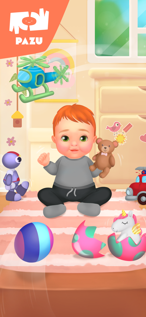 An animated baby playing with a teddy bear and various toys in a nursery