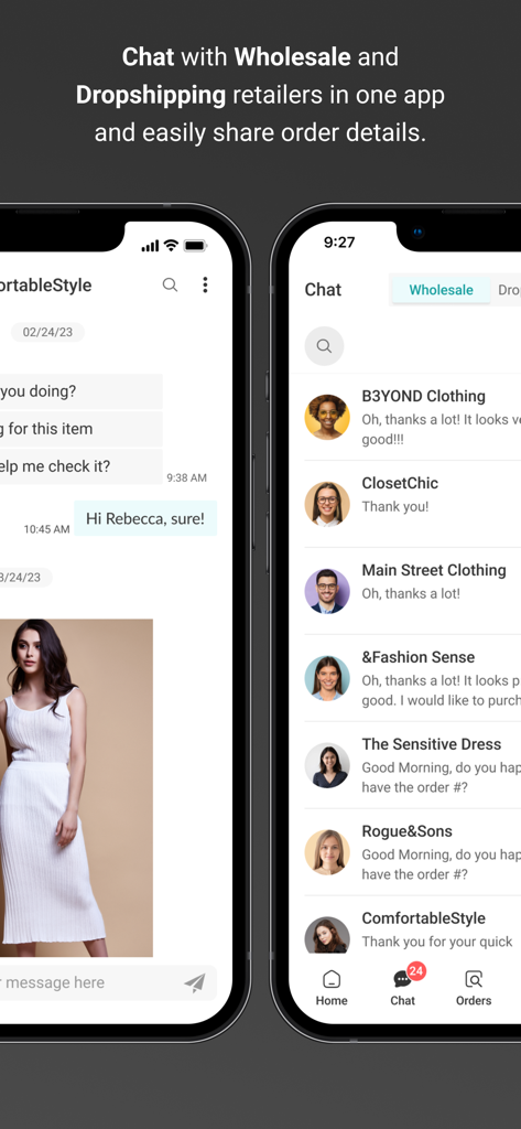 FASHIONGO Vendor Admin - Mobile app interface showing real time chat between fashion vendors and retailers for wholesale orders.
