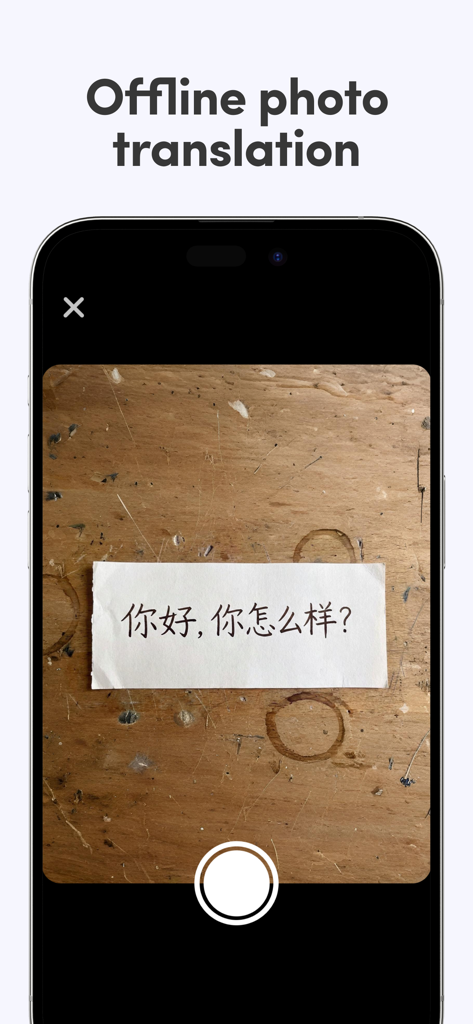 Offline Translator - OT Pro - Smartphone camera screen showing offline photo translation of Chinese characters on a piece of paper