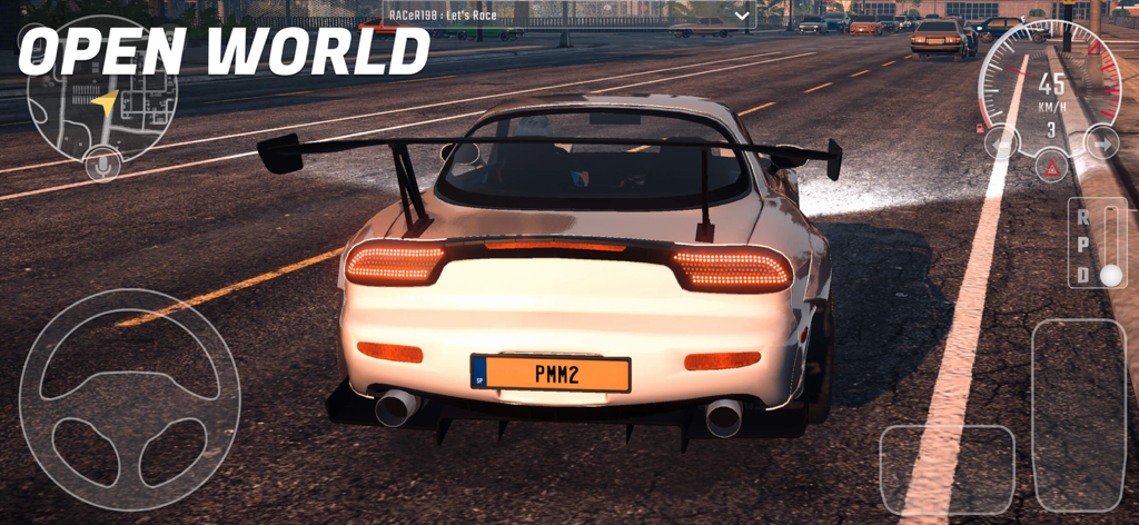 White sports car with a large spoiler driving in an open world city at sunset.