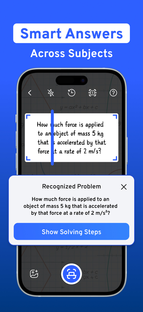 AI Homework Helper - MathGo - A smartphone scanning a physics problem with the AI Homework Helper MathGo app to provide instant step by step answers.