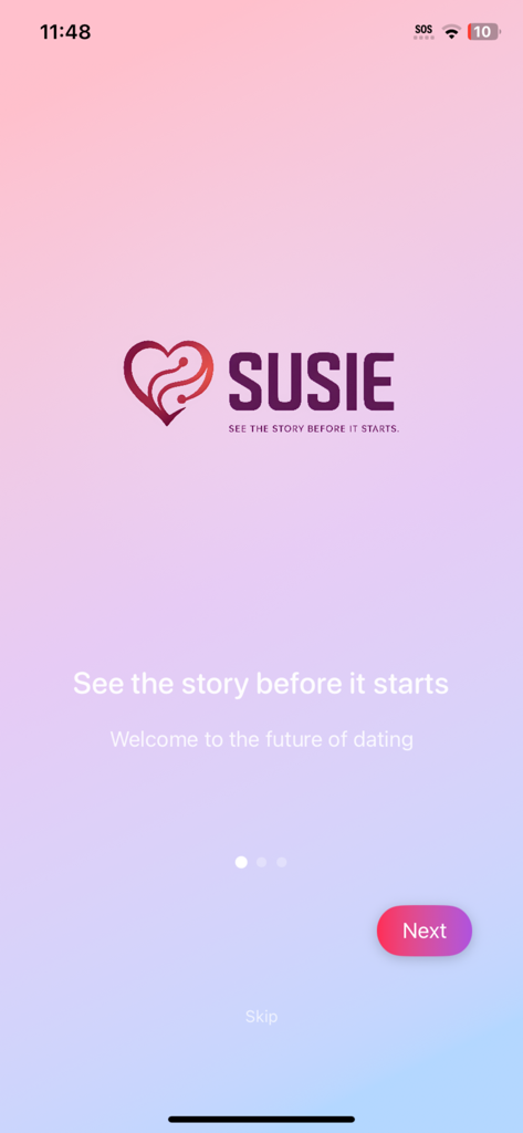Susie Dating App - Welcome screen of Susie Dating App with logo and tagline