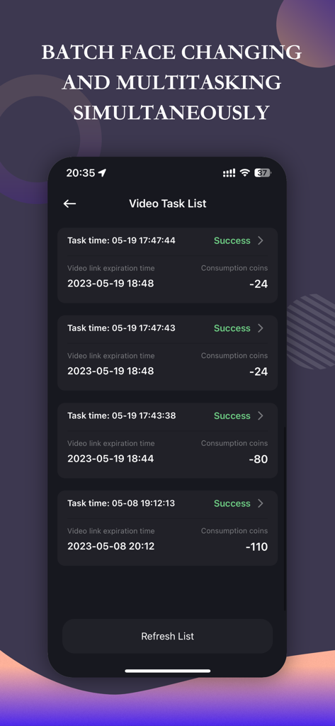 AI 얼굴 변경기 앱의 스크린샷으로, 일괄 얼굴 변경 및 멀티태스킹을 위한 영상 작업 목록을 보여줍니다.