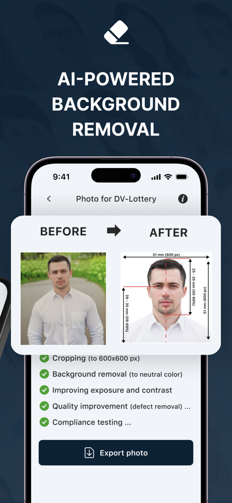 Passport Photo Maker－ID, Visa - Smartphone screen showing AI-powered background removal for a passport photo with before and after comparison