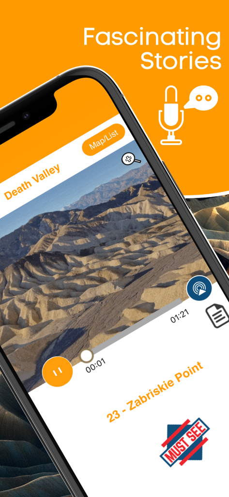 Smartphone displaying the Death Valley NP Audio Guide app with an audio player for Zabriskie Point.