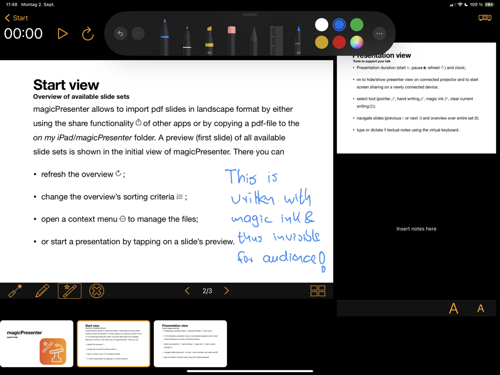 magicPresenter - Aplicativo magicPresenter para iPad mostrando um slide com anotações em tinta mágica azul e notas do orador