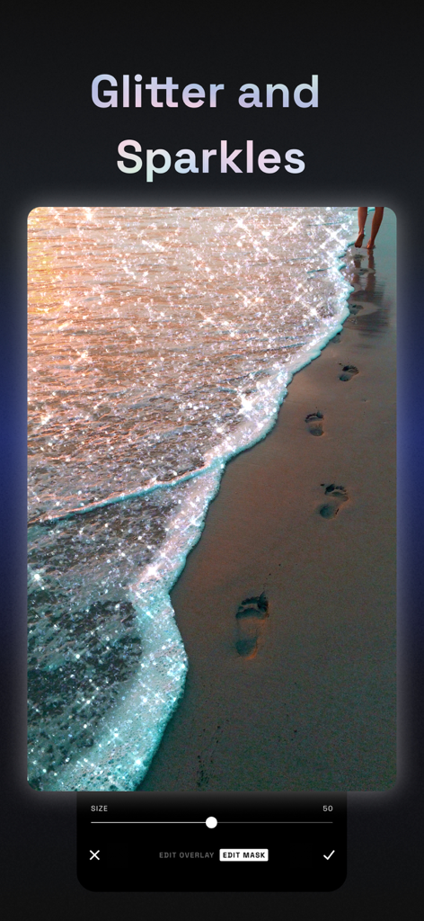 Screenshot of Filterloop photo editor showing a beach photo with glitter and sparkles effect applied to ocean waves.