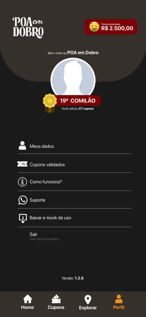 POA em Dobro - User profile dashboard of the POA em Dobro app showing total savings and total coupons used.