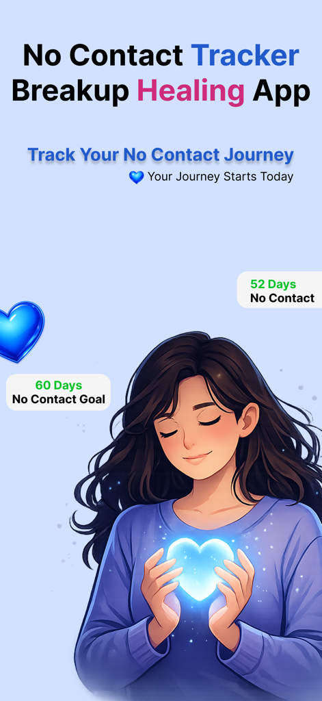 No Contact Breakup Tracker AI - An illustration of a woman holding a glowing heart on the No Contact Breakup Tracker AI app home screen.