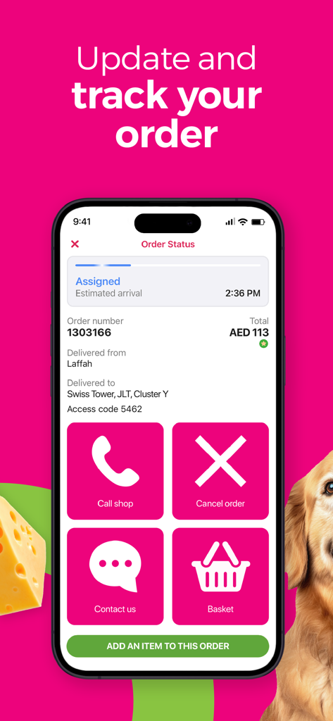 instashop: Groceries & more - InstaShop-App-Oberfläche mit Live-Auftragsverfolgung und Statusaktualisierungsfunktionen