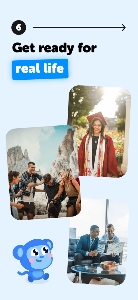 Falou App-Screenshot, der realistische Sprachlerninhalte für Reisen, Bildung und Karriere zeigt