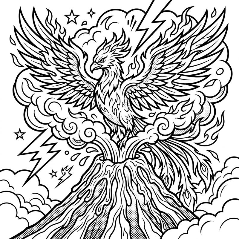 Dive into the explosive world of this Volcanic Phoenix coloring page, rendered in an exciting Pop Art style. Experience the thrill of bringing this mythical bird and its erupting volcano to vibrant life with your colors.