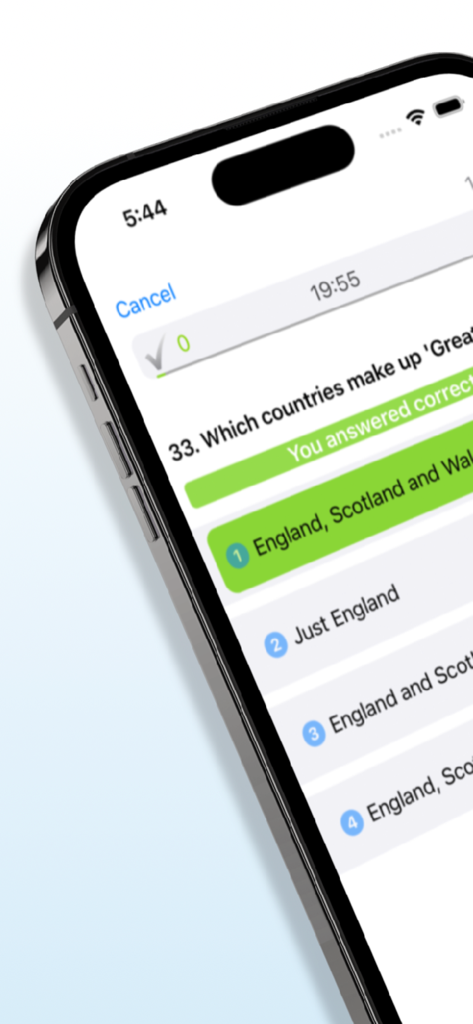 Life in UK: Exam 2026 - Screenshot of the Life in UK Exam 2026 app showing a practice question about Great Britain with a correct answer highlight