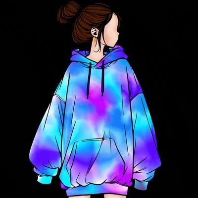 realistic girl with a oversized sweatshirt on and a bun
