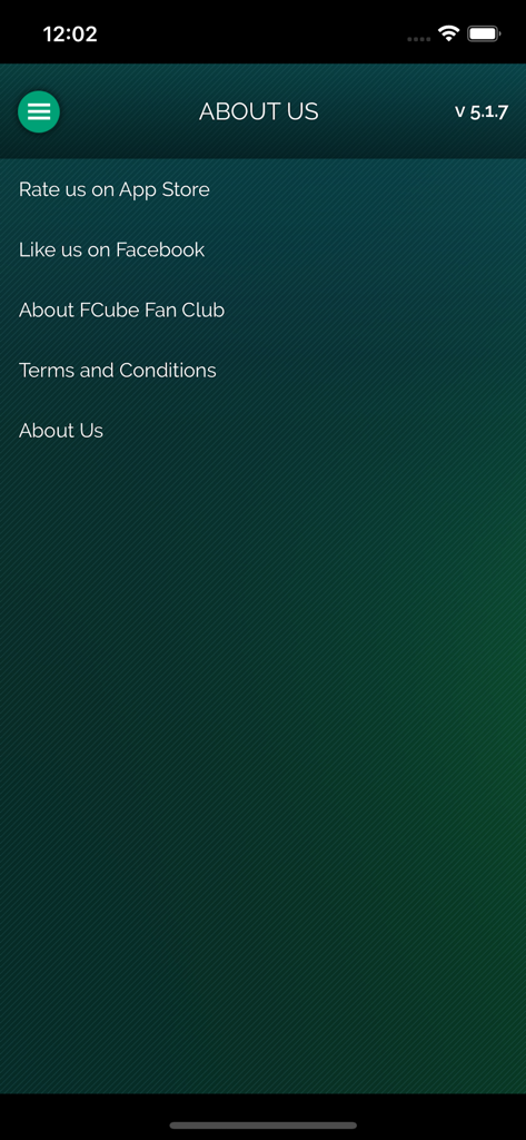 FCube Cinemas - The About Us screen of the FCube Cinemas app showing a list of links for app rating social media fan club and legal terms