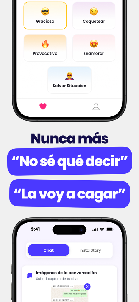 Interfaz de la app móvil Liggo mostrando categorías de respuestas de citas de IA y la función de carga de capturas de chat