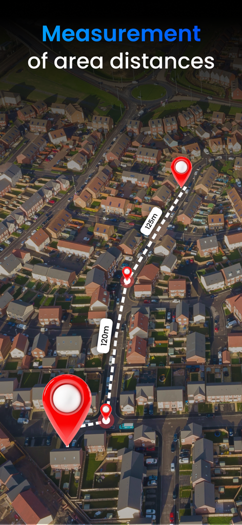 GPS Field Measure : Area Calc - Aerial map view showing distance measurements between multiple points in a residential neighborhood
