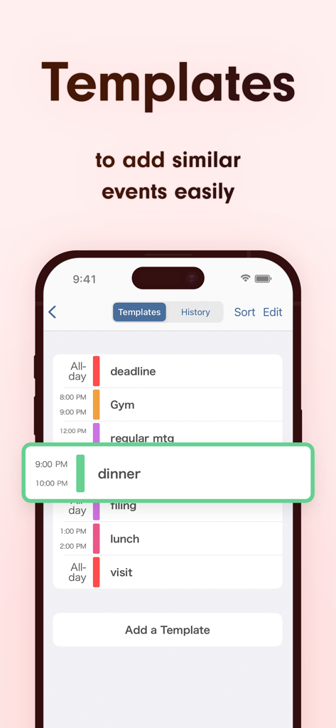 Interfaz de la aplicación Simple Calendar que muestra una lista de plantillas de eventos personalizables para una programación rápida.