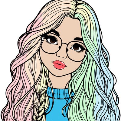 girl with long hair and freckles and glasses realistic