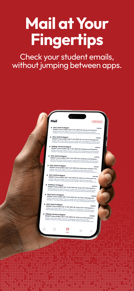 A hand holding a smartphone displaying the myRegent app integrated student mail feature.