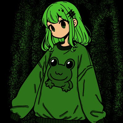 girl wearing frogging sweatshirt