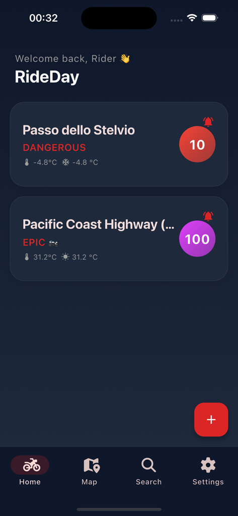 RideDay: Moto & Roads - Painel do aplicativo RideDay mostrando pontuações de qualidade de pilotagem para rotas de moto famosas