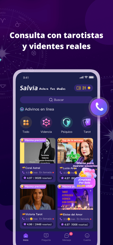 Salvia - Tarot & Videncia - Salvia mobile app interface showing a list of professional tarot and psychic advisors in Spanish