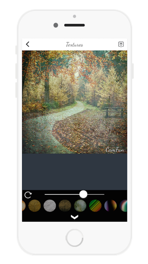 المصمم العربي للكاميرا - Screenshot of the Arabic Camera Designer app showing a forest path photo being edited with texture filters on an iPhone