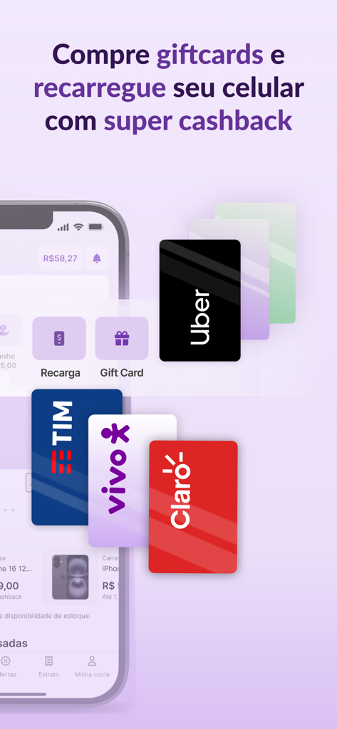 Cuponomia: Cupons e Cashback - Cuponomia app interface for buying gift cards and mobile top-ups with cashback.