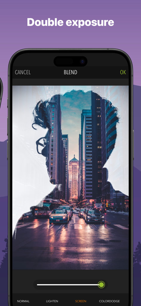 PicPoc - Photo Editor AI - Smartphone screen demonstrating the double exposure feature in PicPoc app blending a silhouette with a city street