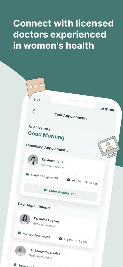 Ease: Birth Control Reminder - Screenshot of the Ease app showing a schedule of upcoming and past virtual doctor appointments for women health.
