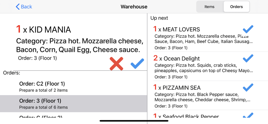 Tela de atendimento de pedidos para uma pizzaria no aplicativo EASY POS